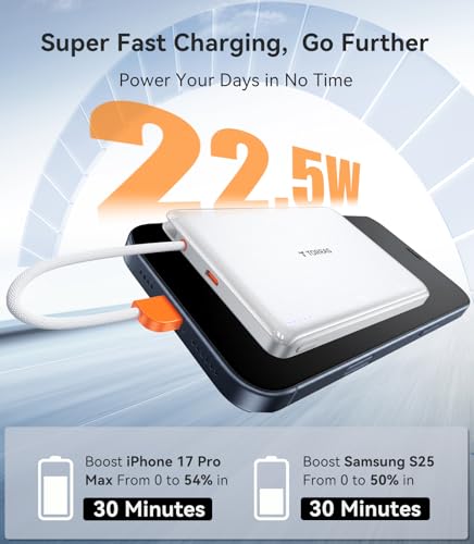 Image of TORRAS Power Bank with Built-in USB-C Cable (No-Wireless), Ultra-Slim 10,000mAh Portable Charger USB C, 22.5W Fast Charging Battery Pack for iPhone 17 /16 /15 Series, Phone air, Galaxy, Pixel, White