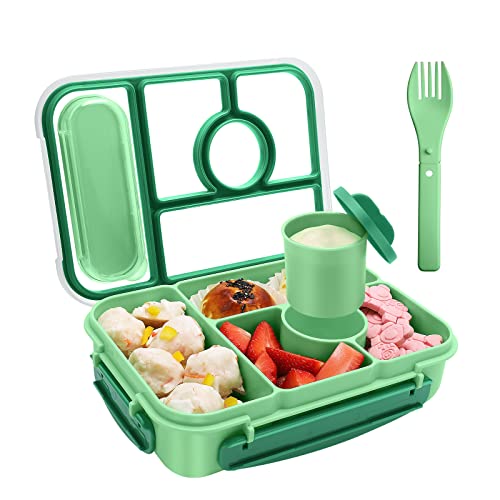 Amathley Brotdose Kinder mit Fächern,Bento Box Kinder,Brotdose Erwachsene,1300ML Lunchbox mit 5 Fächern und Saucenbehältern,Mikrowellen-und Spülmaschinenfest,BPA-frei und Wiederverwendbar (Grün)