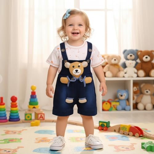 Image of A.T.U.N. (ALL THINGS UBER NICE) Baby Girls Cotton Denim Dungaree Set with 3D Teddy Bear Design |Printed T-Shirt with Adjustable Straps | Stylish & Comfortable Daily Outfit for Baby Unisex