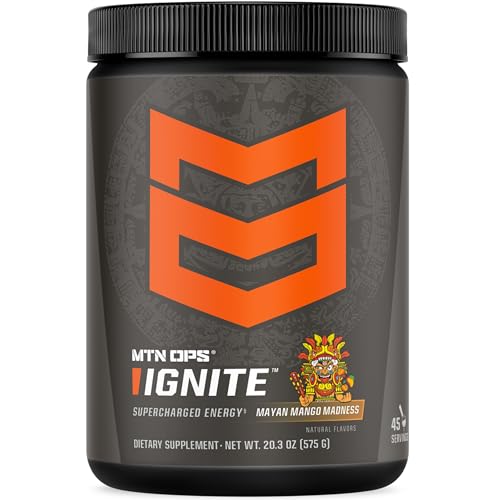 MTN OPS Ignite Sugar Free Energy Drink Powder with 200mg Caffeine, Nootropic Blend for Energy, Focus & Endurance, L Arginine & L Citrulline Pre Workout, 45 Servings, Mayan Mango
