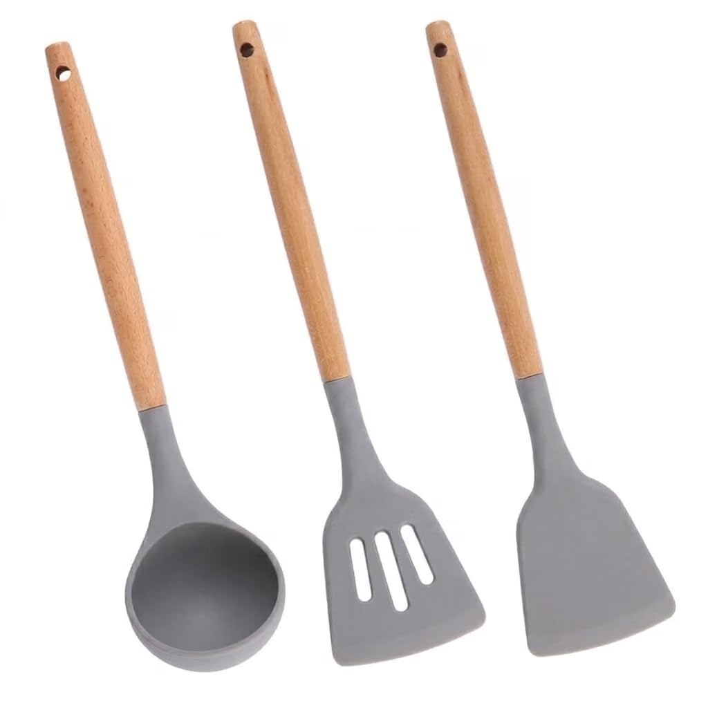 GREEVA 3 Pcs Silicone Kitchen Utensils Set, Heat Resistant Silicone Spatula Turner Set Wooden Spoons Kitchen Tools Cooking Utensils for Nonstick Cookware (3pcs Black) — Amazon image 10