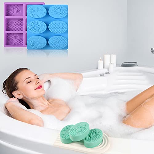 Image of Sakolla 2 Pack 6 Cavity Bee Silicone Soap Molds Rectangle Oval Honeycomb Silicone Molds Loaf Handmade Molds for Soap Making Supplies DIY Wax Melts, Beeswax, Cake Chocolate Bakeware