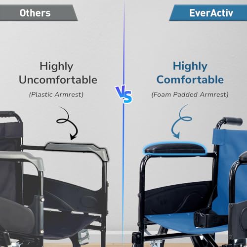 Image of Everactiv Economy Foldable Wheelchair with Heavy-Duty Frame, Strong Crossbar Support, Safety Seat Belt, Wide Padded Seat, Easy Folding Design, 120 kg Capacity | Wheelchair for Old Age Person | Blue Colour