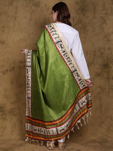Women's Art Silk Dupatta with Warli Art Print Border | Ethnic Beautiful Printed Elegant Design Stole, Chunni4