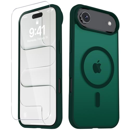 Image of YENAPOON for iPhone Air Case, Matte Magnetic Phone Cover [with 1 Screen Protector] [Support for MagSafe] [Shockproof Military Grade Protection] Translucent Frosted Back, Dark Green