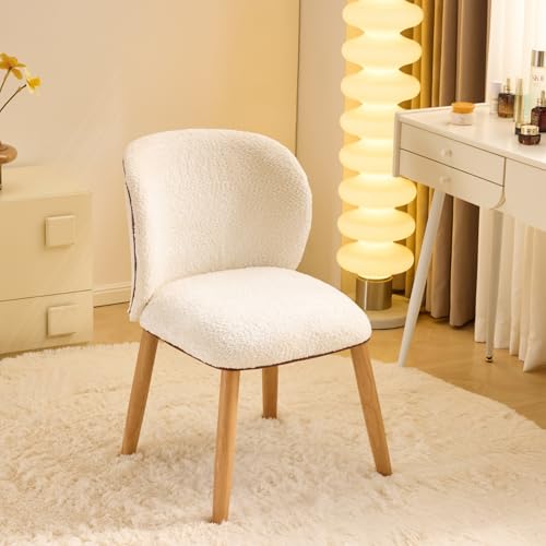 VINGLI Chenille Curved-Back Armless No Wheels Vanity Chair for Girls Cute & Furry Upholstered Desk Chair with Solid Wood Legs for Study/Makeup/Bedroom/Dressing Fluffy Makeup Chair for Teens Beige