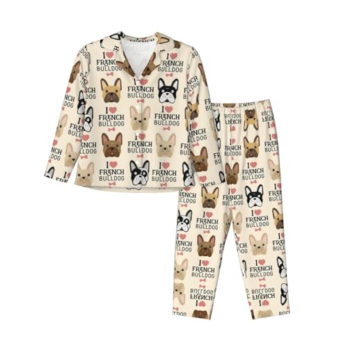 PQruop Pigiama a due pezzi da donna con stampa bulldog francese, pigiama a maniche lunghe abbottonato con tasche, pigiama casual., Nero , S