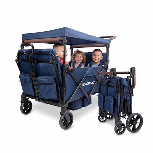 WONDERFOLD X4R Rev Stroller Wagon (4 Seater) - Collapsible Stroller Wagon with 5-Point Seatbelt Harnesses, Reclining Seats & Footwells, Navy