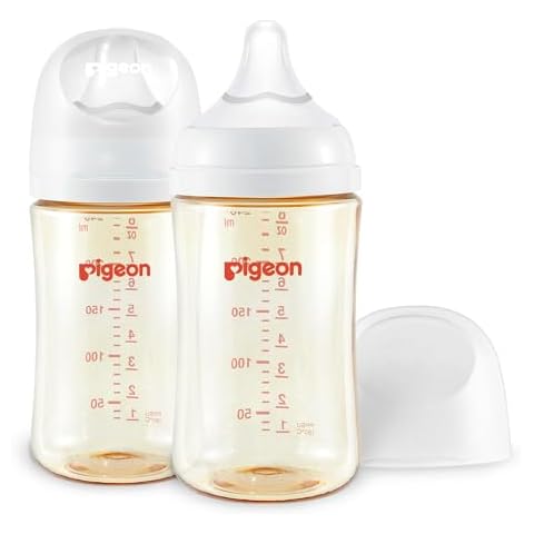 Pigeon PPSU Nursing Baby Bottle Wide Neck, Anti-Colic, Streamlined Body, Natural Feel, Easy to Clean, 8.1 Oz(Pack of 2), Includes 2pcs M Nipples (3m+) Cover