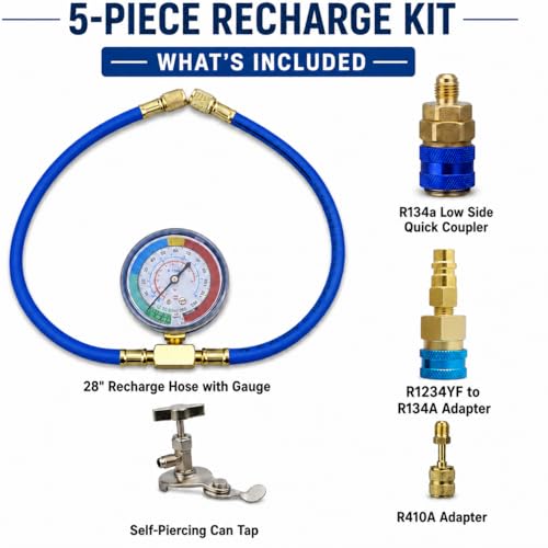 R1234YF Refrigerant Recharge Kit with Gauge – 1234YF Refrigerant & R134A AC Recharge Kits, with R-1234YF r134a Recharge Kit Self-Piercing Can Tap, Low-Side Quick Coupler, R410A Adapter for Auto AC
