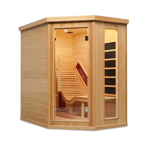 AURGOD Corner Sauna for 1 Person, Infrared Wooden Sauna Room, Luxurious Canadian Hemlock Home Sauna with Recliner, 2300 W 8 Heating Element, Low EMF Full Size Indoor Spa-Fast Delivery