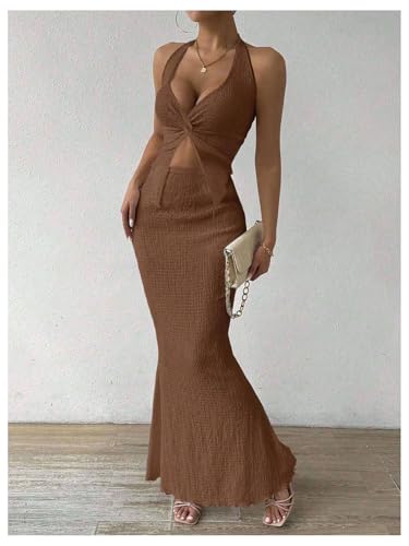 Image of SOLY HUX Women's Two Piece Outfits Twist Front Halter Cami Tops and Skirt Summer Set