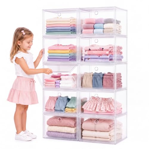 Acellegic 10-shelf Clothes Storage Organizer for Girls Closet Drawer Organizer with Clothing Category Labels Clear Plastic Storage Bins for Shirts, Pants, Dresses, Bedroom Organization for Teens