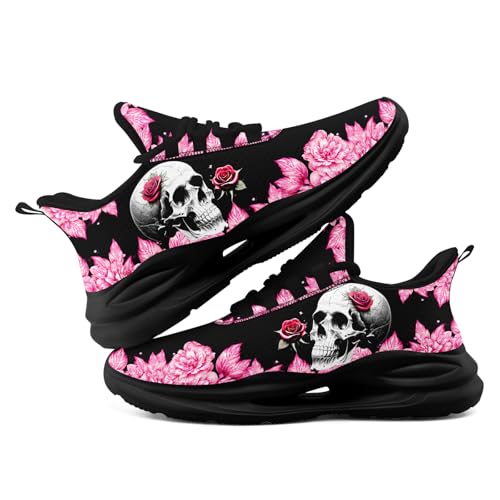 Women's Skull & Rose Running Shoes Trendy Floral Sneakers with Cool Design Comfort Breathable Mens Athletic Gym Walking Shoes4