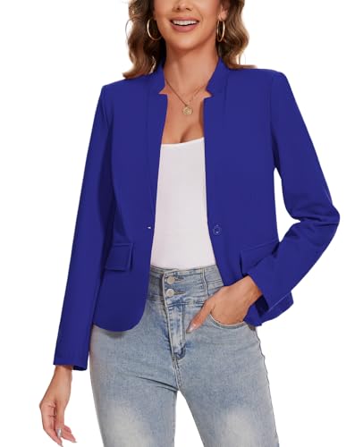 MINTLIMIT Blazers for Women Notched Collar One Button Jackets Lightweight Work Office Long Sleeve Blazer Suit Cardigan with Pockets,S,Royal Blue
