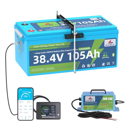 36V Lithium Golf Cart Battery, 105Ah Deep Cycle Fits EZGO/Club Car/YAMAHA, 10+ Years Lifespan, 200A BMS, Bluetooth APP/LCD Touch Monitor, 36V 25A IP67 Charger, Dedicated Hold Bracket for Lawn Mower
