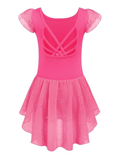 Image of Arshiner Girls Shiny Ruffle Sleeve Ballet Leotard with Skirt Criss-Cross Back Dance Dresses