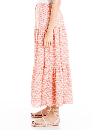 Max Studio Women's Button Front Tiered Midi Skirt, Coral/Black Tulip Dots, Large2