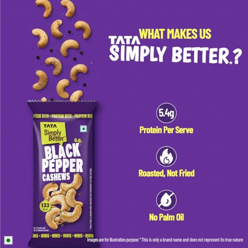 Image of Tata Simply Better O.G Black pepper Cashews, 23g (Pack of 5), Rich in Protein, Party Snack, Delicious Kaju Nuts, Ready To Eat Snack, No Palm Oil, No Trans Fat