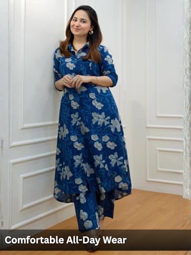 Image of Leriya Fashion Women's Cotton Printed A-Line Kurti Pant Set | Abstract Leaf & Floral Kurta with Trouser Pant | Casual Ethnic Co-ord Set for Women Stylish | Elegant Anarkali Style Tunic Kurta Set