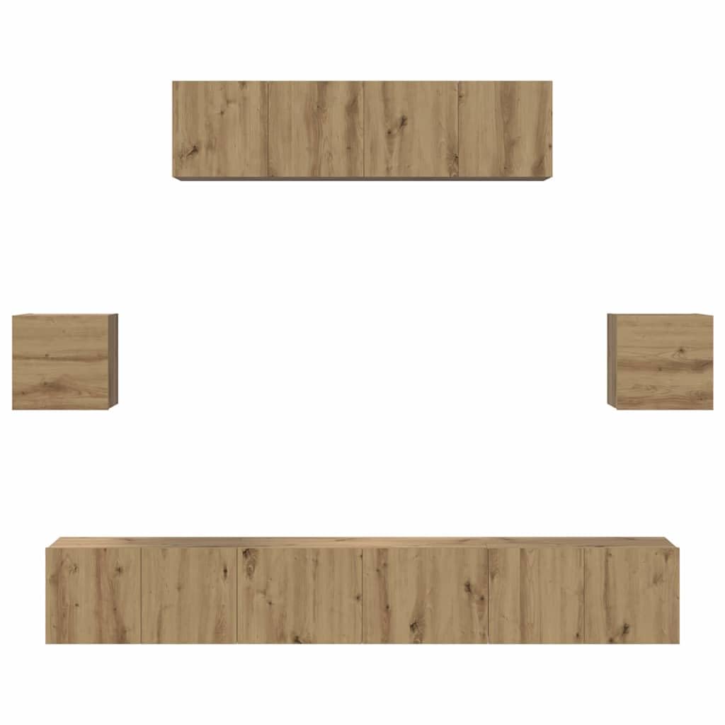 Mueble de TV montado en la pared de 7 piezas de madera de roble Artisan, con puertas y compartimentos para sala de estar, diseño que ahorra espacio, fácil montaje en pareja