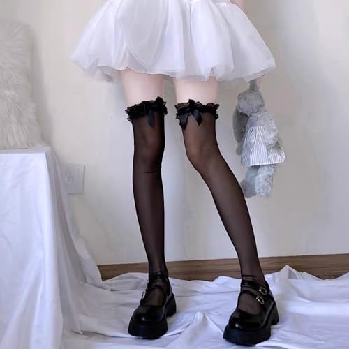 Image of Thigh High Stockings with Bow, Santa Accessory Y2K Fishnet Socks with Lace Brim Lingerie Tights for Women