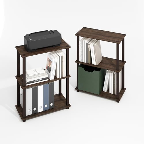 Image of Furinno Turn-S-Tube Storage Shelves Set of 2, 3-Tier Book Shelf, Corner Shelf, Toolless Open Shelves, Square Tubes, for Organization and Storage, Living Room, Garage, Home Office, Black Walnut