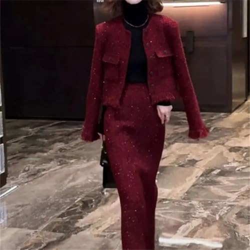 Women's Woolen Sequin Short Tassel Patchwork Midi Skirt 2-Piece Elegant Party Outfits Suit3