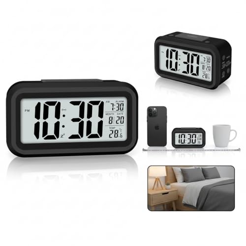 Image of Digital Alarm Clock with Auto Sensor LED Display with Date & Temperature Compact Bedside Table Clock for Bedroom, Students, Office & Home Decor (Black)
