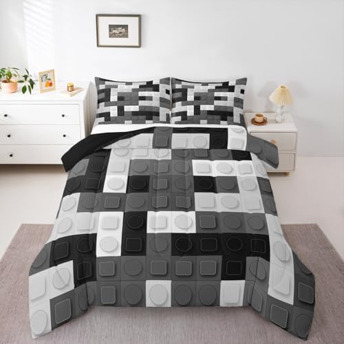 Image of Feelyou Building Blocks Games Toy Comforter Set Queen Size Kids Boys | Teens Brick Breathable Duvet Set Quilt Set Room Decor Black Grey Warm Cozy Lightweight All Season