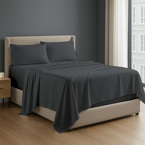 Image of NON Sticky cotton Premium 4 Piece Egyptian Cotton Fitted Queen Sheet Set, Hotel Quality Soft Breathable Bedding Sheets, 18 inch Deep Pocket, 60 inch X 80 inch, Dark Grey Solid