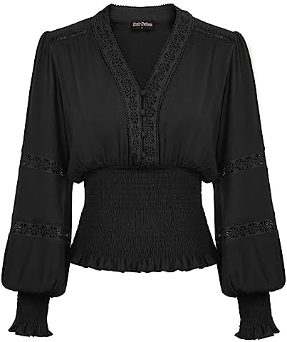 SCARLET DARKNESS Bluse Damen Elegant Mittelalter Gesmokt Langarmshirt