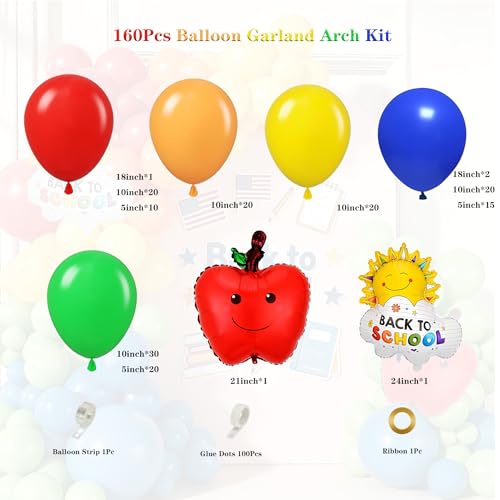 Back to School Party Decorations, 160Pcs Rainbow Balloons Garland Arch Kit with Apple Foil Balloons for Graduation First Day of School Kindergarten Classroom Party Supplies — view 2