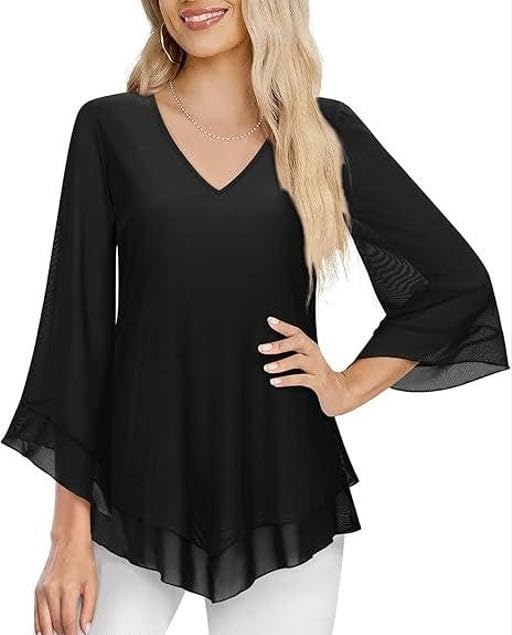 verity Women Solid V Neck Georgette 3 4 Bell Sleeve Top Casual Simple Outfit Regular Use Look-picture-54