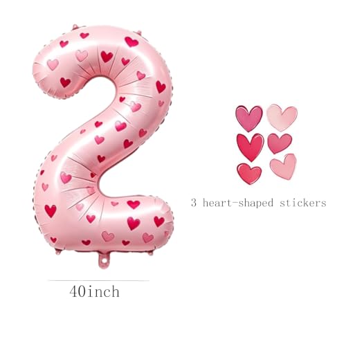 Image of 40 Inch Pink Heart Shaped Stickers Number 2 Balloon Happy Birthday Party Decorations Big Foil Number Balloons for Birthday Anniversary Party Supplies,Light pink 2