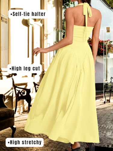 Image of ChiaoLezhee Deep V Neck Dress, Halter Maxi Dresses, Vacation Date Night, Sexy for Women Corset Flowy Wedding Guest Drop Waist