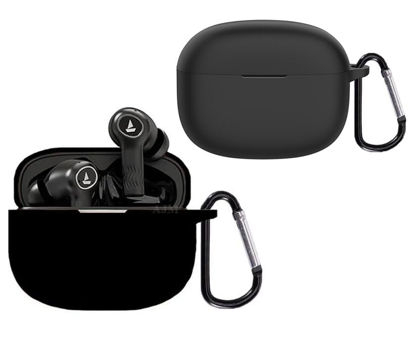 Image of AJM 360 Protection Shockproof Design Soft Rubberised Case with Keychain for Boat Airdopes Nirvana Ion ANC (Black)