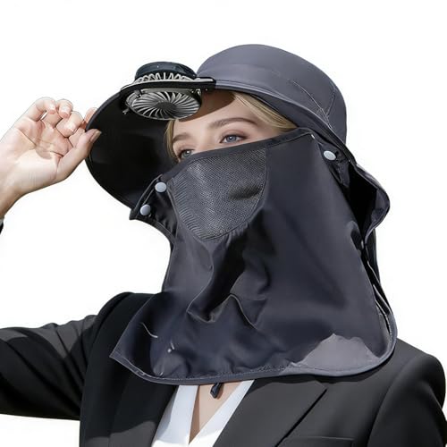 Verbpupl Casquette Solaire à Ventilateur - Protection UV à Large Bord - Chapeau de Jardin avec protège-Nuque et Couvre-Nuque - pour Camping, randonnée,...