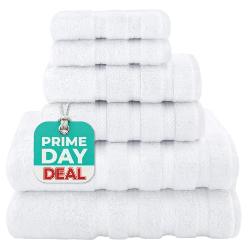 American Soft Linen Luxury 6 Piece Towel Set, 2 Bath Towels 2 Hand Towel 2 Washcloths, 600 GSM 100% Cotton Turkish Towels for Bathroom, White Towel Sets