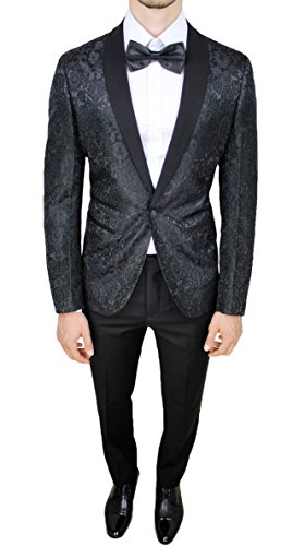 Abito uomo Abito Completo Uomo Sartoriale Tessuto Raso Damascato Floreale Vestito Smoking Elegante Cerimonia (42, Nero)