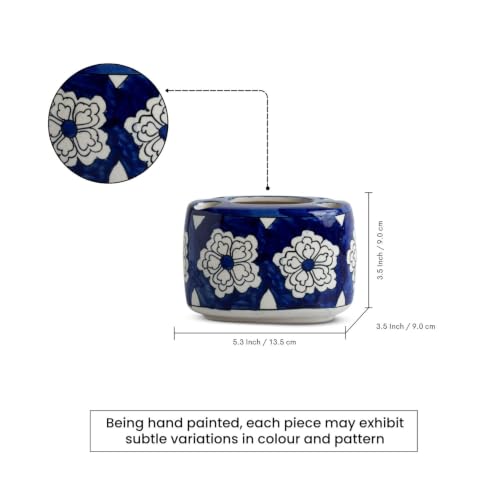 Image of ExclusiveLane 'Mughal Bloom' Hand-Painted Ceramic Bathroom Accessories Set of 2 (Liquid Soap Dispenser for Wash Basin, Paste & Toothbrush Holder) |Handwash Dispenser |Bathroom Organiser Set