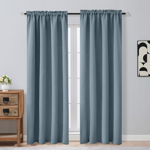 Image of Stone Blue Blackout Curtains 84 Inches Long 2 Panels, Solid Thermal Insulated Soft Blackout Curtains for Bedroom, Dual Rod Pocket Window Treatments Drapes for Living Room, 2x50Wx84L Inches