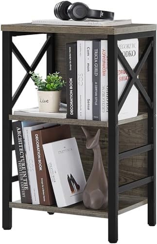 Small Bookcase,3 Tier Industrial Bookshelf with Metal Frame and B...