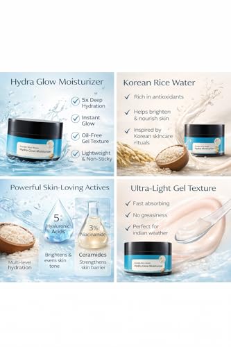 Image of Quantum Leap Korean Rice Water Hydra Glow Moisturizer 100Gm with 5 Hyaluronic Acids, 3% Niacinamide, 5 Ceramides | 5x Hydration & Instant Glass Skin | Oil-Free, Lightweight Gel