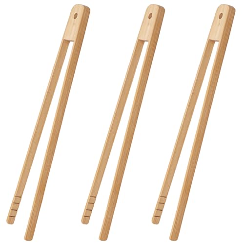 3 Stück Grillzange 30cm aus Buchenholz nachhaltige Holz Küchenzange mit Rillen Rutschfest & Wiederverwendbar. Perfekte Bambus- & Grillzange für Brot Salat Braten Kochen und Grillen