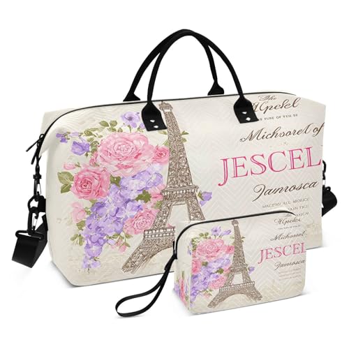Eiffel Tower France Flower Elegant Large Travel Duffle Bag Weekender Overnight Bags Gym Yoga Bag for Women Men with Toiletry Bag