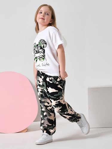 Image of Ayzozuy Kid Girl Clothes Outfits Figure Letter Graphic Tee Top + Flap Pocket Pants 2PC Clothing Set