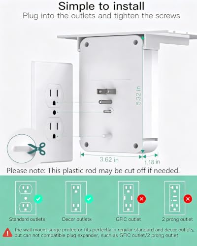 Wall Outlet Extender with Surge Protector, 6 AC Outlets, with Shelf | 2 USB A & USB C Charging Ports, Home & Dorm Plug Expander