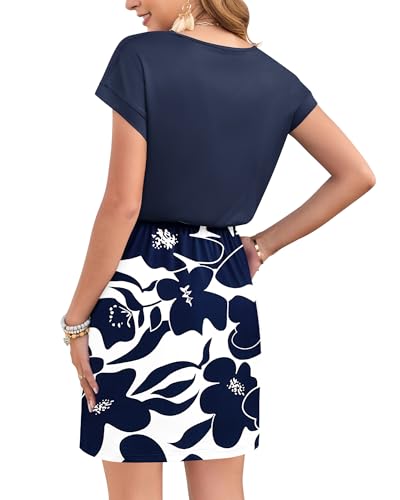 Image of AUSELILY Womens Summer Mini Dress, Short Sleeve V Neck Drawstring Casual | Soft smooth drape with an adjustable drawstring waist for beach, casual outings and daily wear