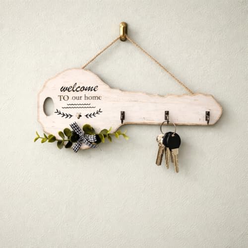 Image of CraftVatika Wooden Key Holder for Wall with 3 Hooks, Key Shape Wall Hanging Organizer Rack, Decorative Entryway Holder for Home Entrance, Wall Mounted Stand, Housewarming Gift, Home Decor Items